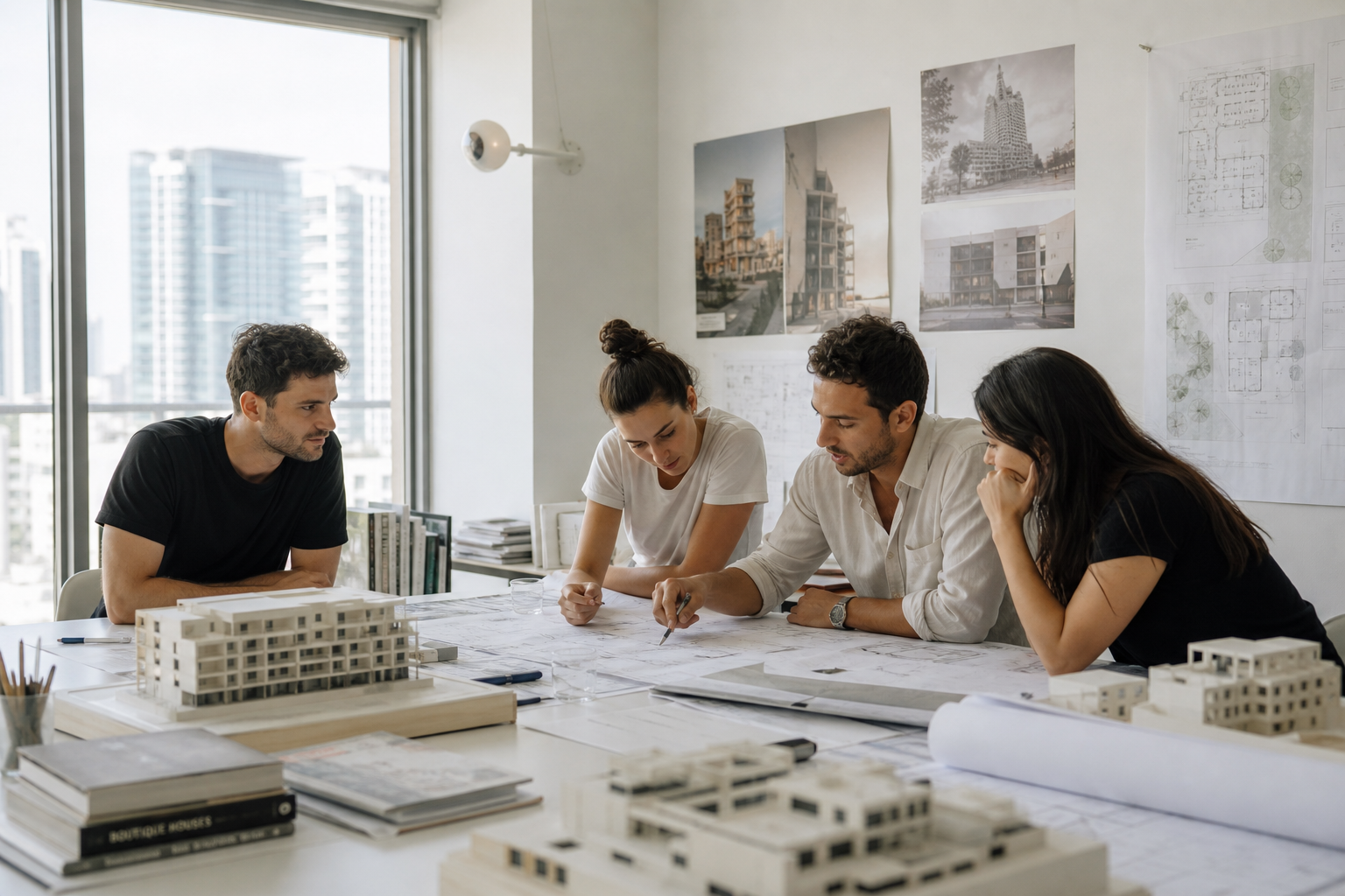 TLV Arch Studio team reviewing architectural models