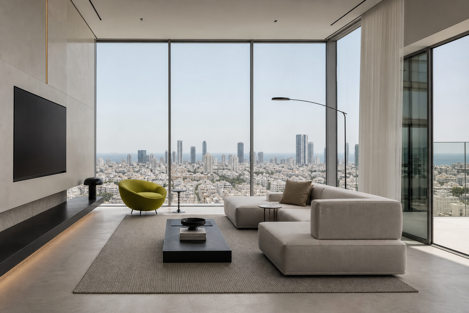 Minimalist Tel Aviv apartment interior with city views